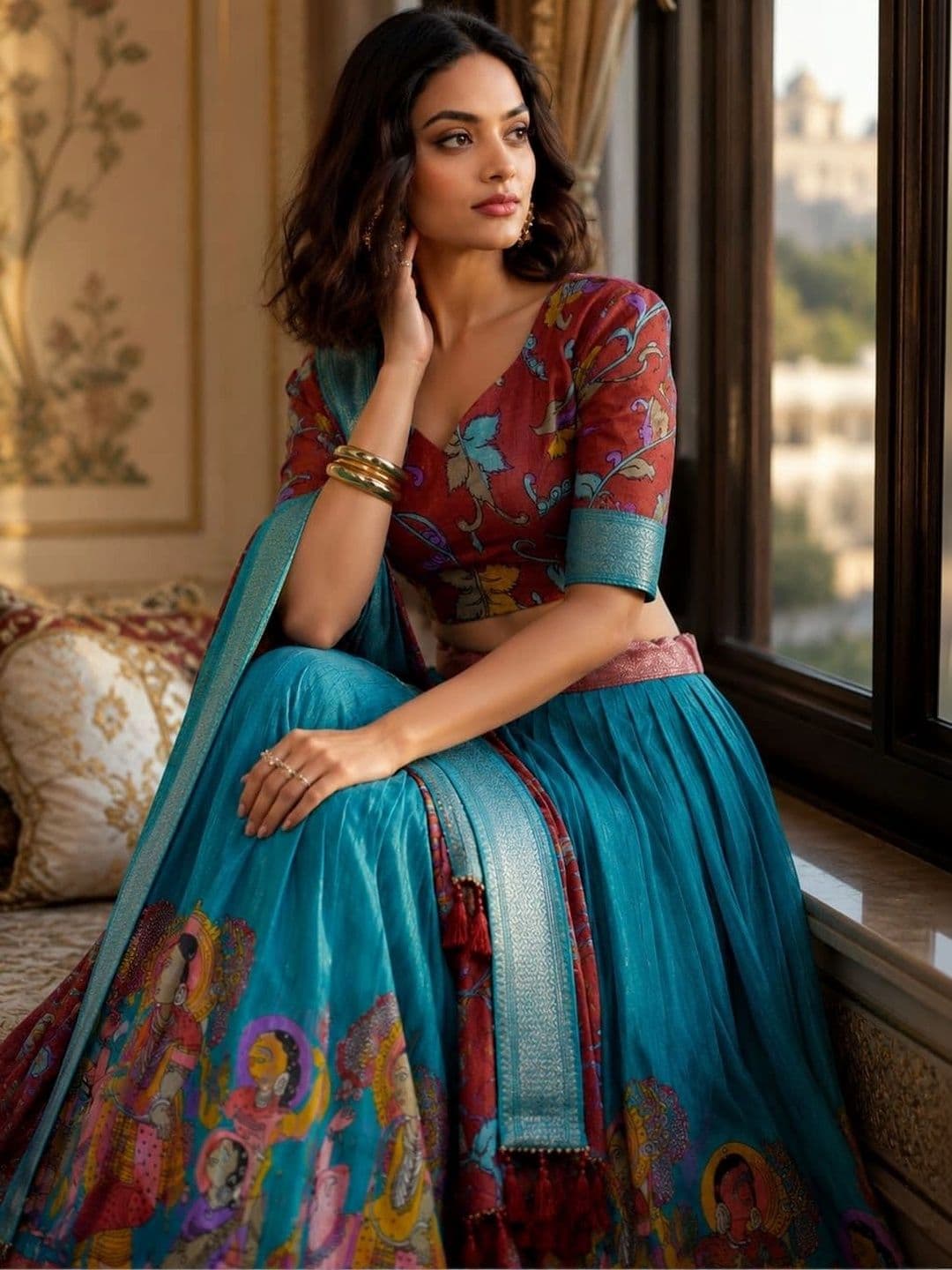House of Pataudi Printed Semi-Stitched Lehenga & Unstitched Blouse Taping thumbnail 3