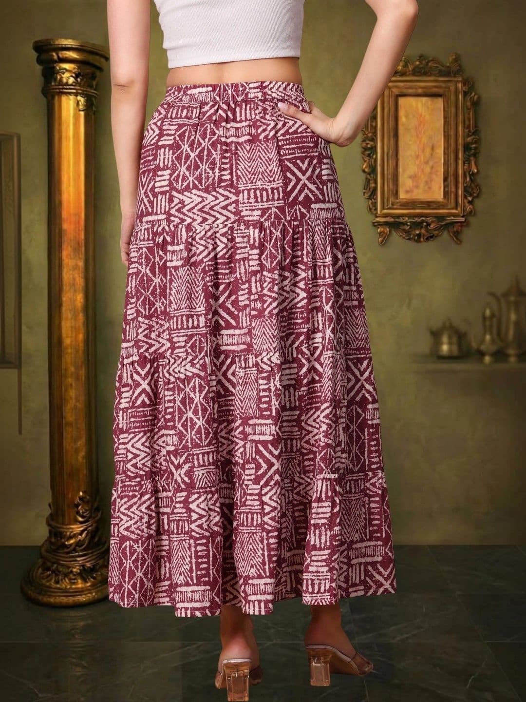 House of Sakhhi Women Pure Cotton Blend Geometric Tribal or Aztec Print Maxi Tiered Skirt thumbnail 3
