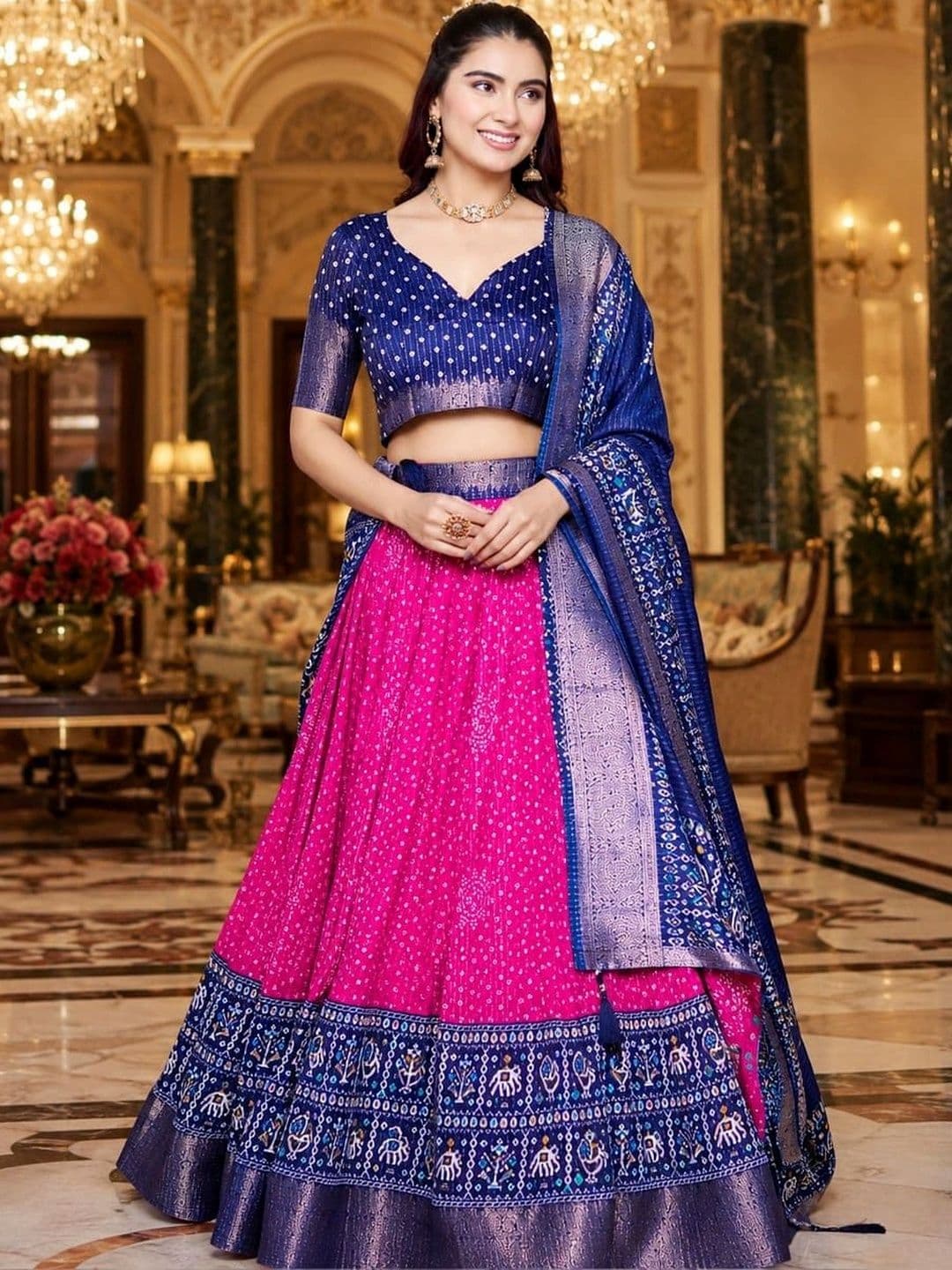 House of Pataudi Ikat Semi-Stitched Lehenga & Unstitched Blouse Taping - view 1