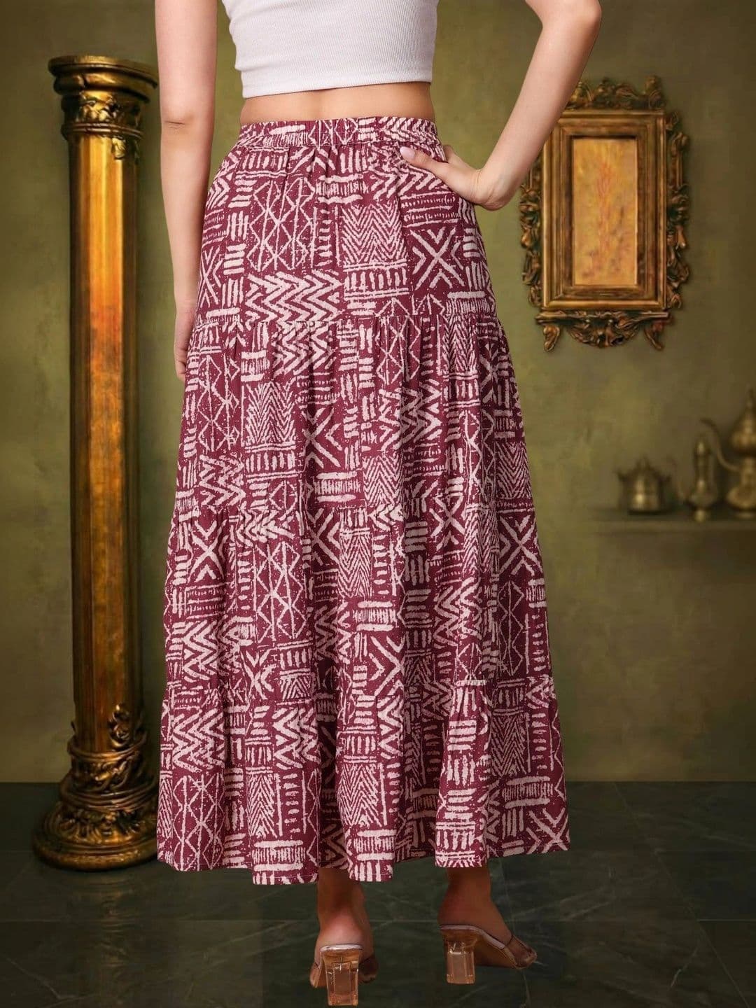 House of Sakhhi Women Pure Cotton Blend Geometric Maxi Tiered Skirt thumbnail 5