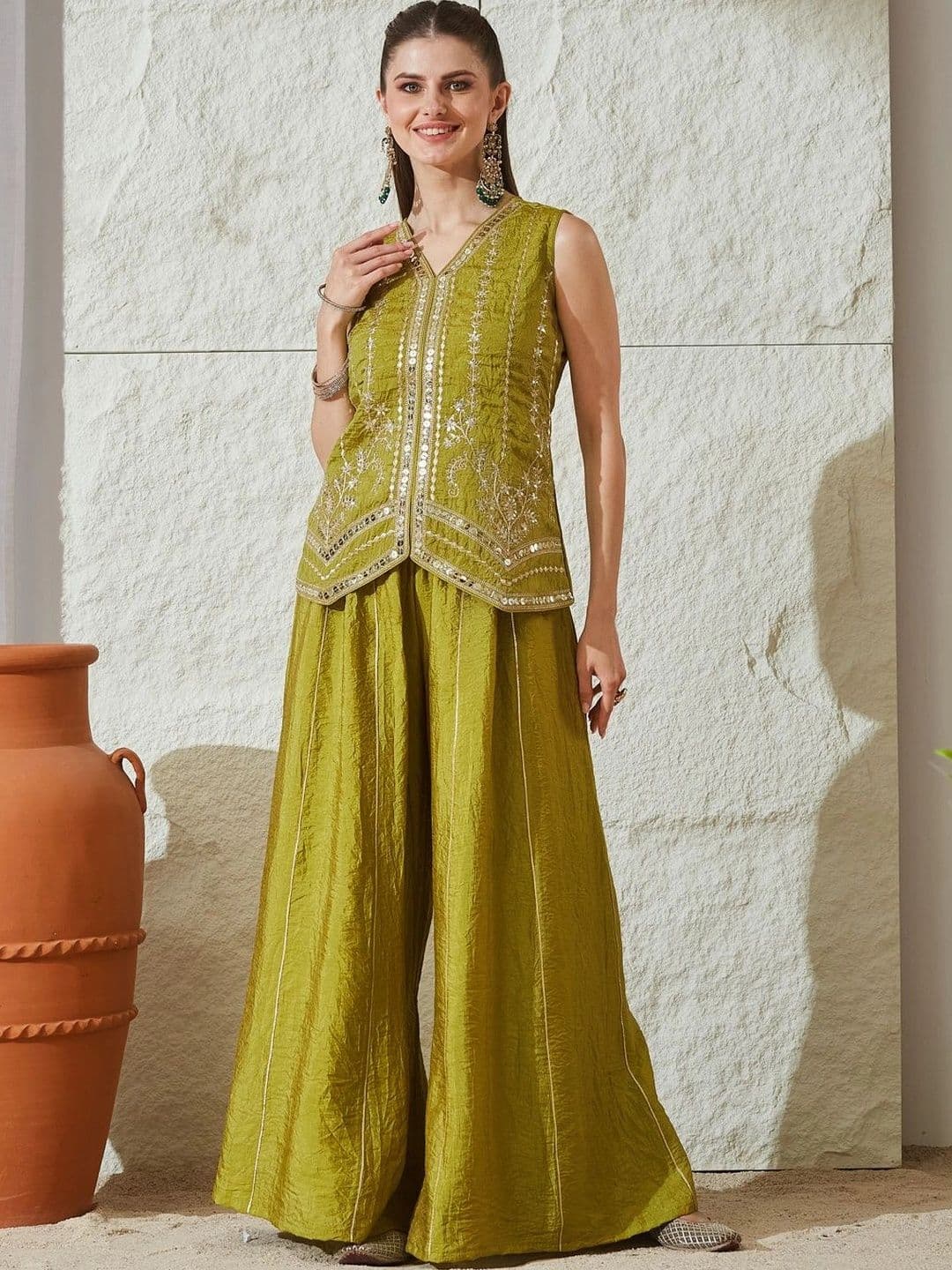 MOKOSH Women Ethnic Motifs Embroidered Regular Sequinned Pure Silk Kurta with Palazzos - view 1