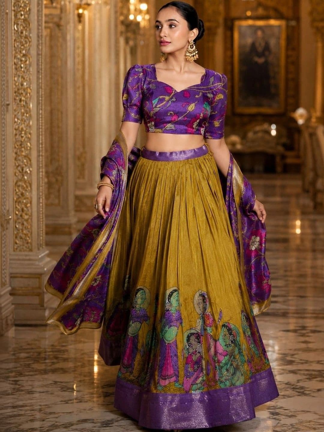 House of Pataudi Printed Semi-Stitched Lehenga & Unstitched Blouse Taping thumbnail 4