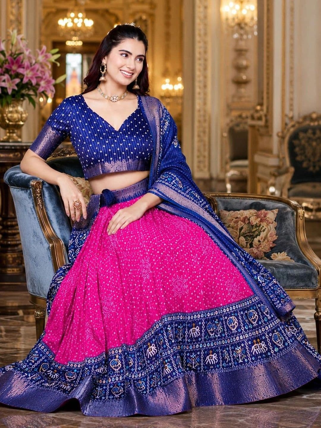 House of Pataudi Ikat Semi-Stitched Lehenga & Unstitched Blouse Taping thumbnail 3