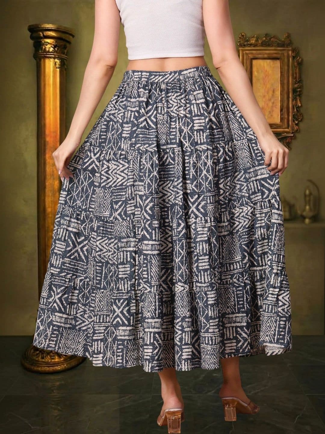 House of Sakhhi Women Pure Cotton Blend Abstract Maxi Flared Skirt thumbnail 4