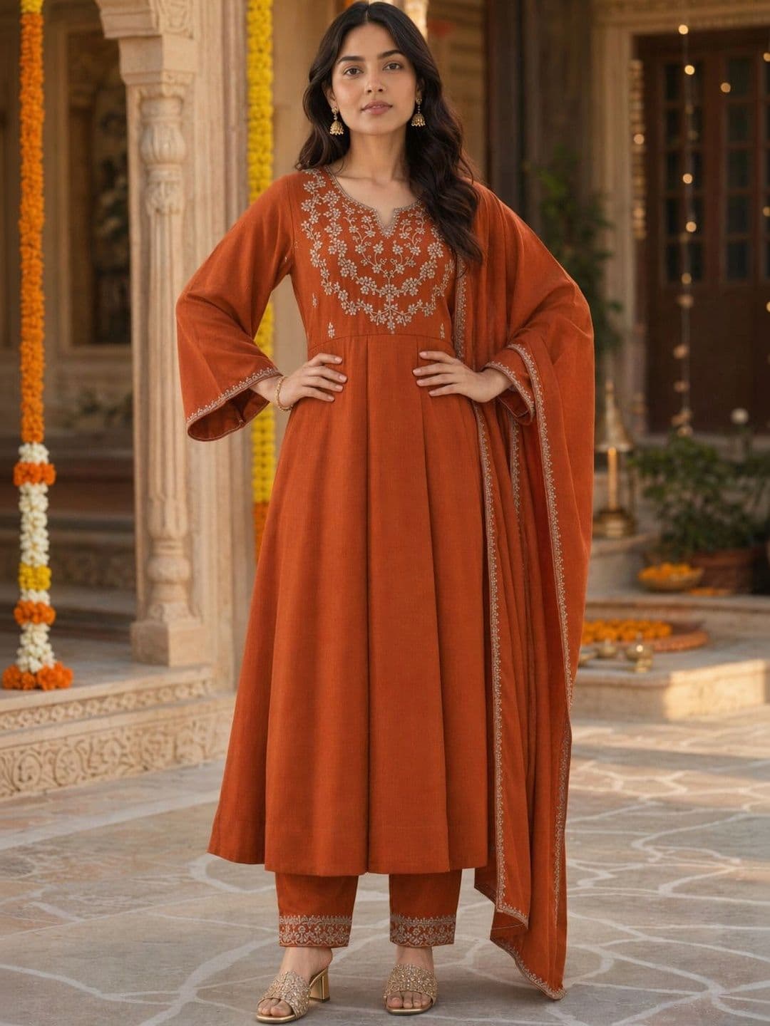 Sangria Women Ethnic Motifs Embroidered Empire Thread Work Kurta with Trousers & With Dupatta - view 1