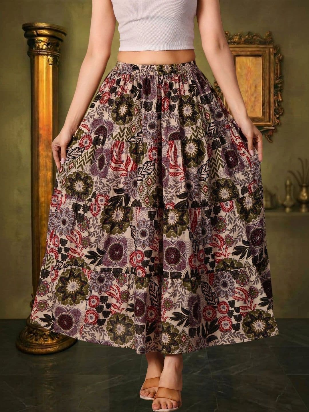 House of Sakhhi Women Pure Cotton Blend Floral Maxi Tiered Skirt - view 1