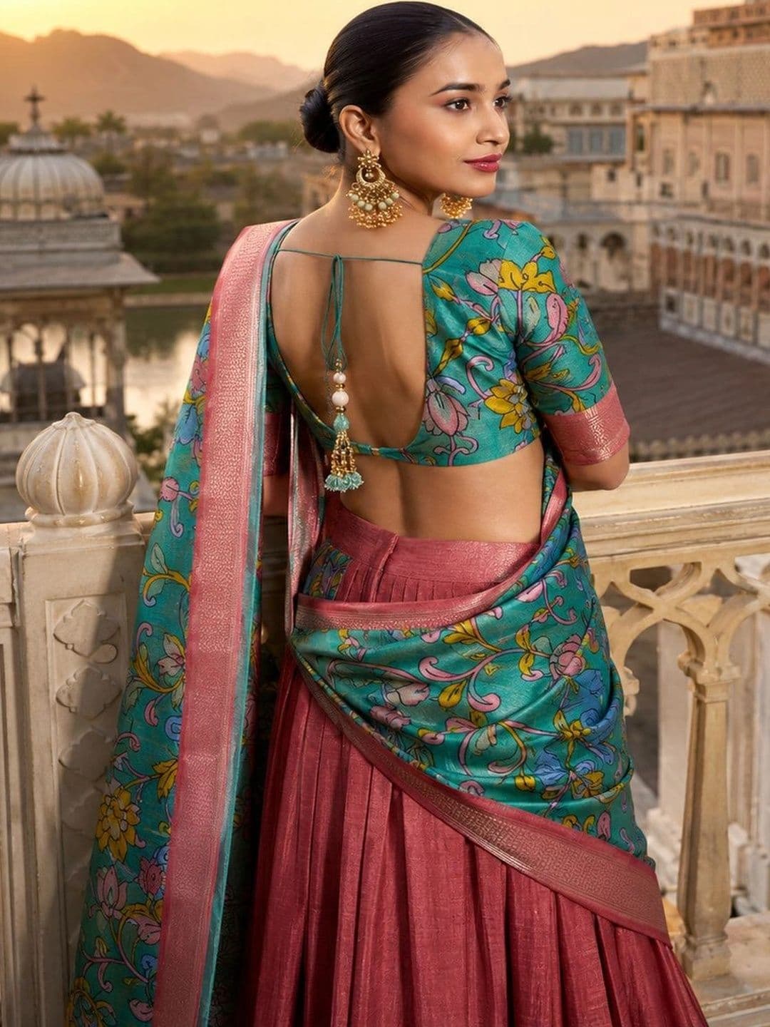 House of Pataudi Printed women  Semi-Stitched Lehenga & Unstitched Blouse Taping thumbnail 3