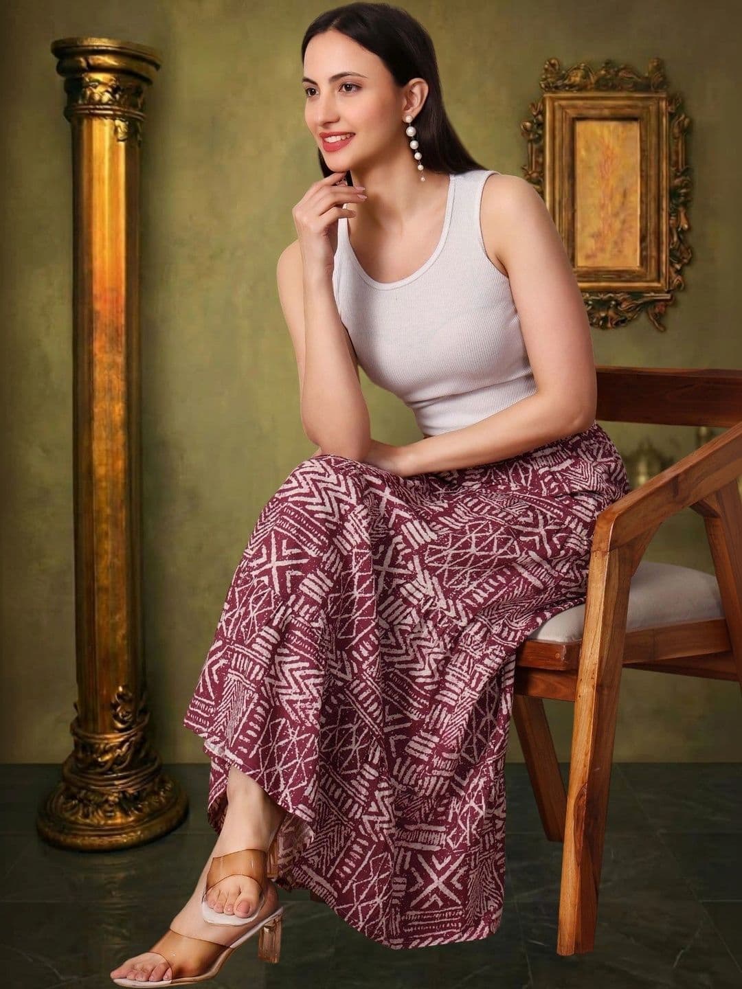 House of Sakhhi Women Pure Cotton Blend Geometric Tribal or Aztec Print Maxi Tiered Skirt thumbnail 5