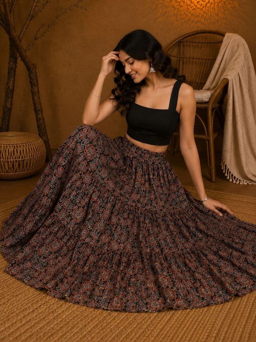 House of Sakhhi Women Pure Cotton Blend Floral Maxi Tiered Skirt thumbnail 2