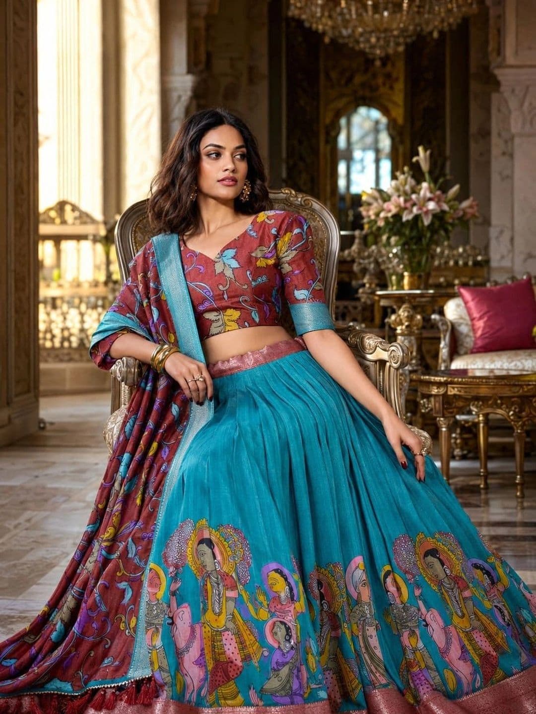 House of Pataudi Printed Semi-Stitched Lehenga & Unstitched Blouse Taping thumbnail 2