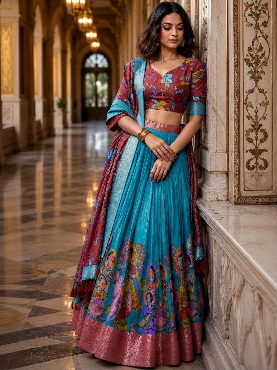House of Pataudi Printed Semi-Stitched Lehenga & Unstitched Blouse Taping thumbnail 4