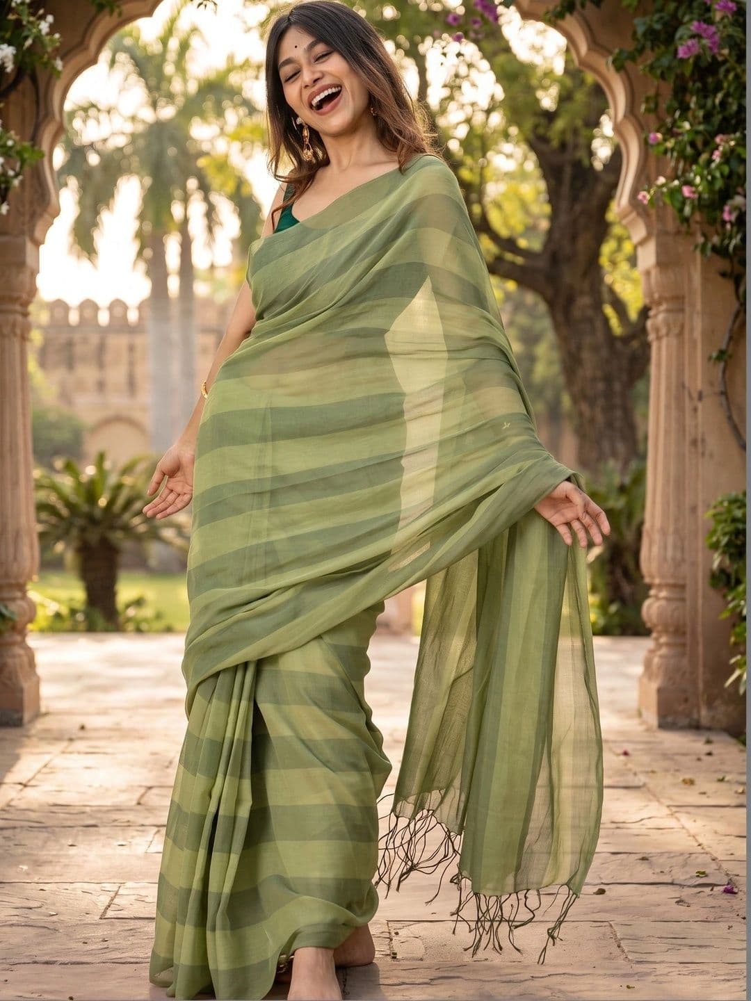 FASHIONIZO Striped Zari Linen Blend Saree - view 1