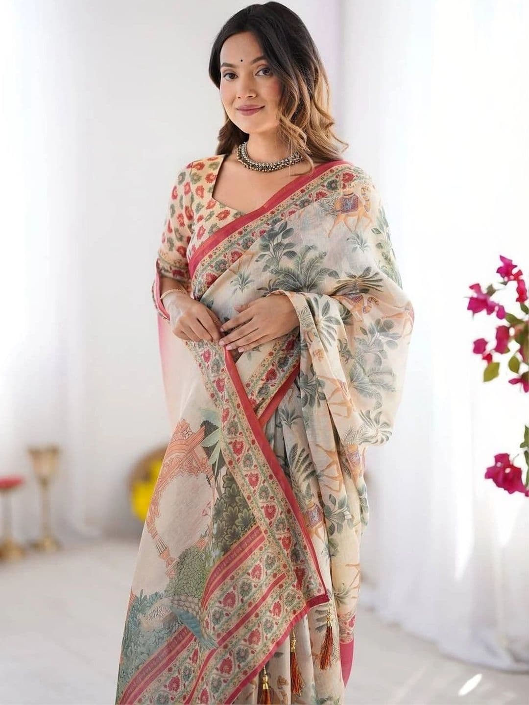 YASHASVI FASHION Woven Design Zari Linen Blend Saree thumbnail 2