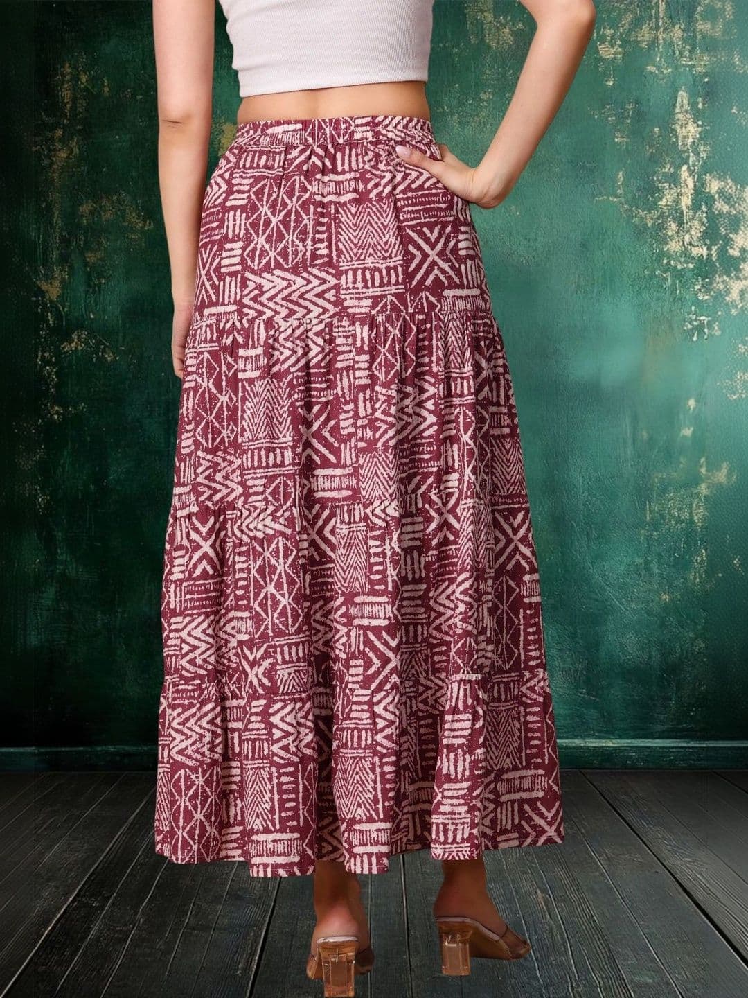 House of Sakhhi Women Pure Cotton Blend Abstract Maxi Tiered Skirt thumbnail 3