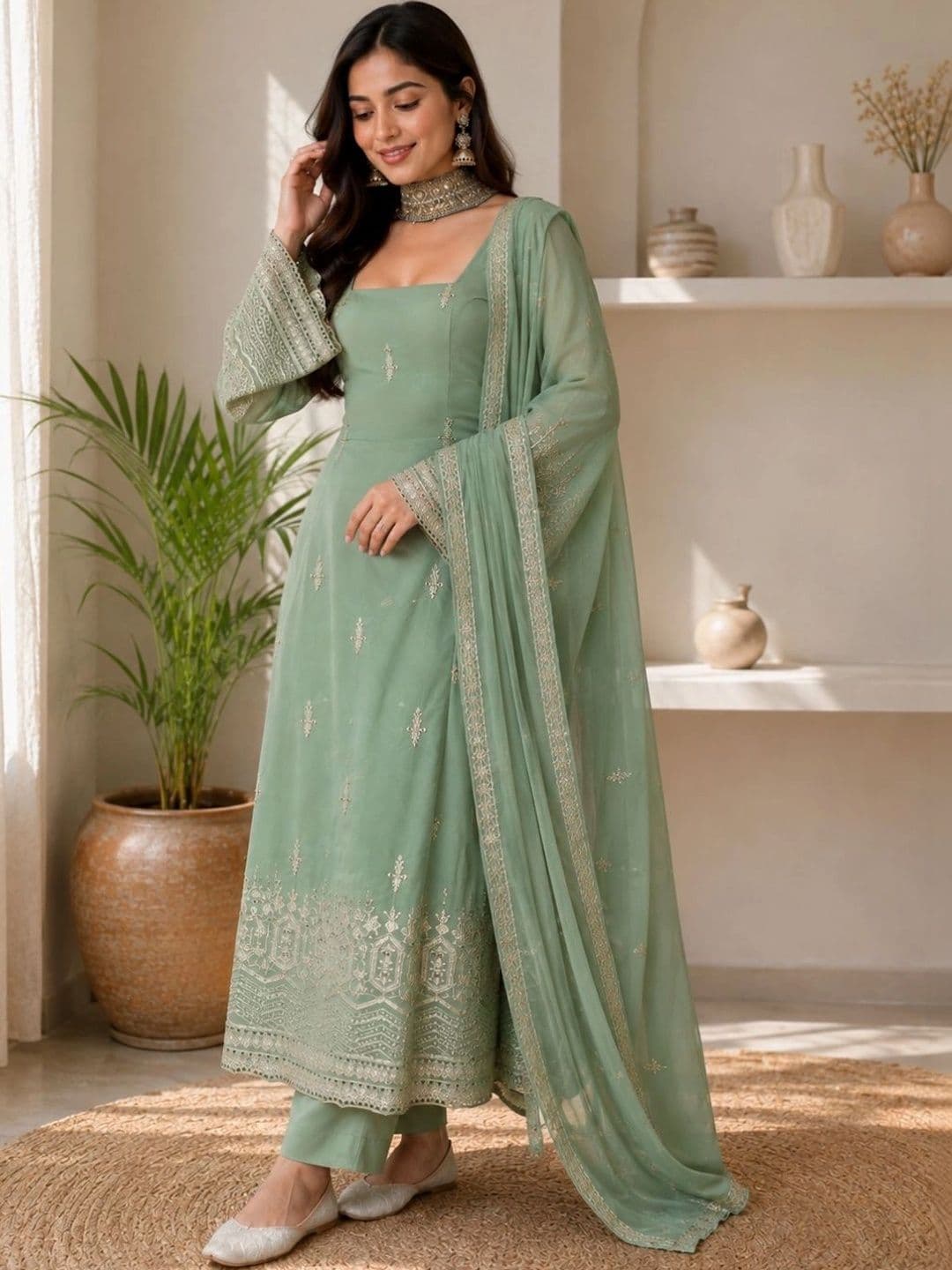 Moda Rapido Women Ethnic Motifs Embroidered Regular Thread Work Kurta with Trousers & With Dupatta thumbnail 2