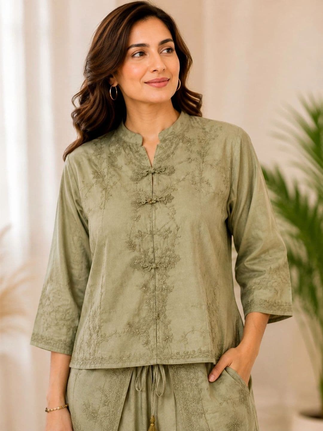 IKSHARA Cotton Embroidered Top with Palazzos thumbnail 2