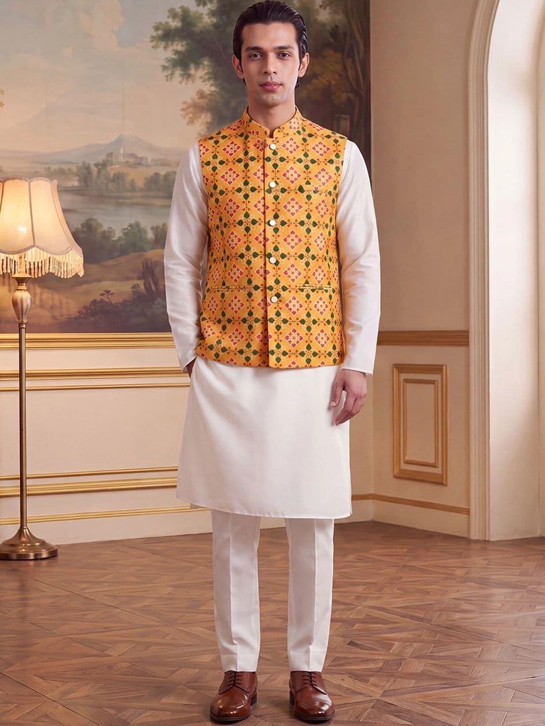 House of Pataudi Patola Printed Mandarin Collar Koti thumbnail 5