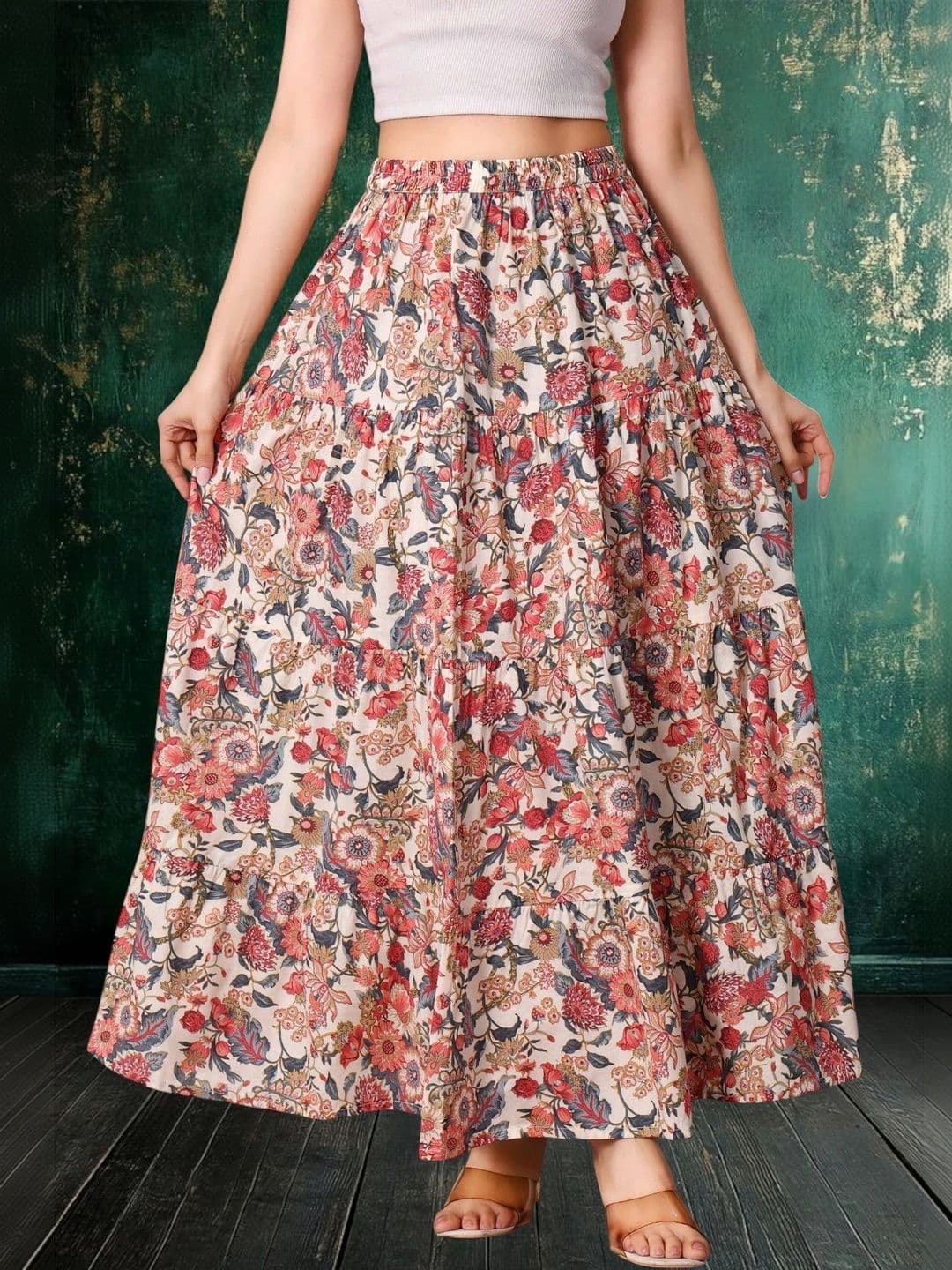 House of Sakhhi Women Pure Cotton Blend Floral Maxi Tiered Skirt - view 1