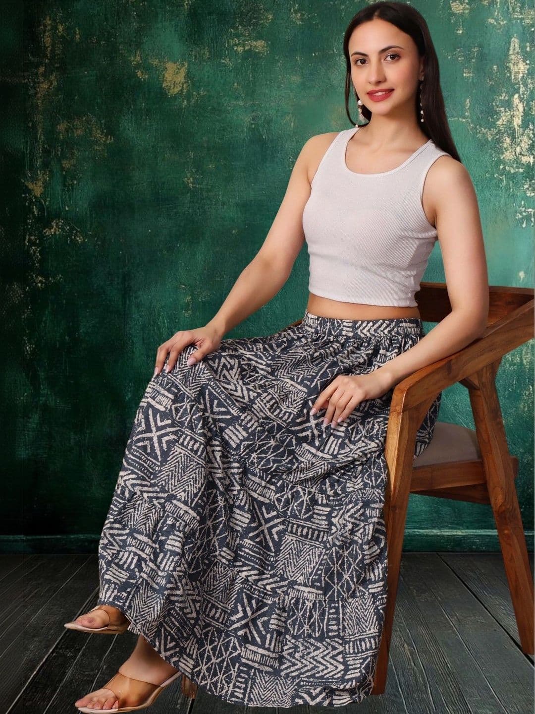 House of Sakhhi Women Pure Cotton Blend Geometric Bohemian Maxi Tiered Skirt thumbnail 6