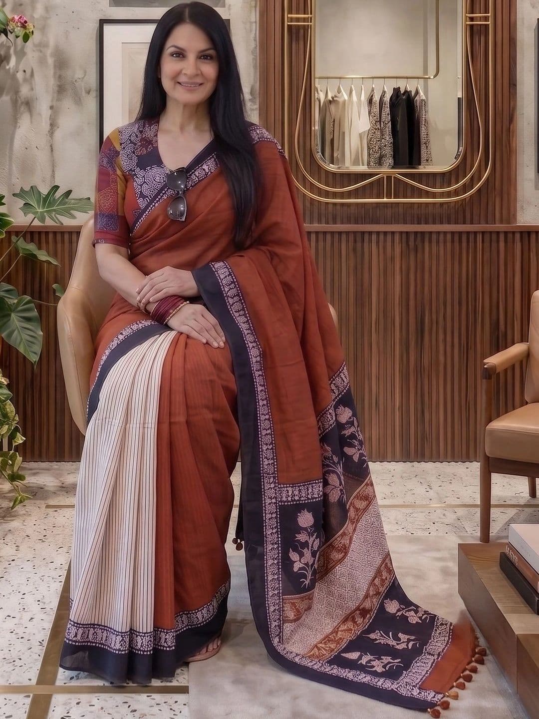 Arozi Striped Zari Linen Blend Saree thumbnail 5
