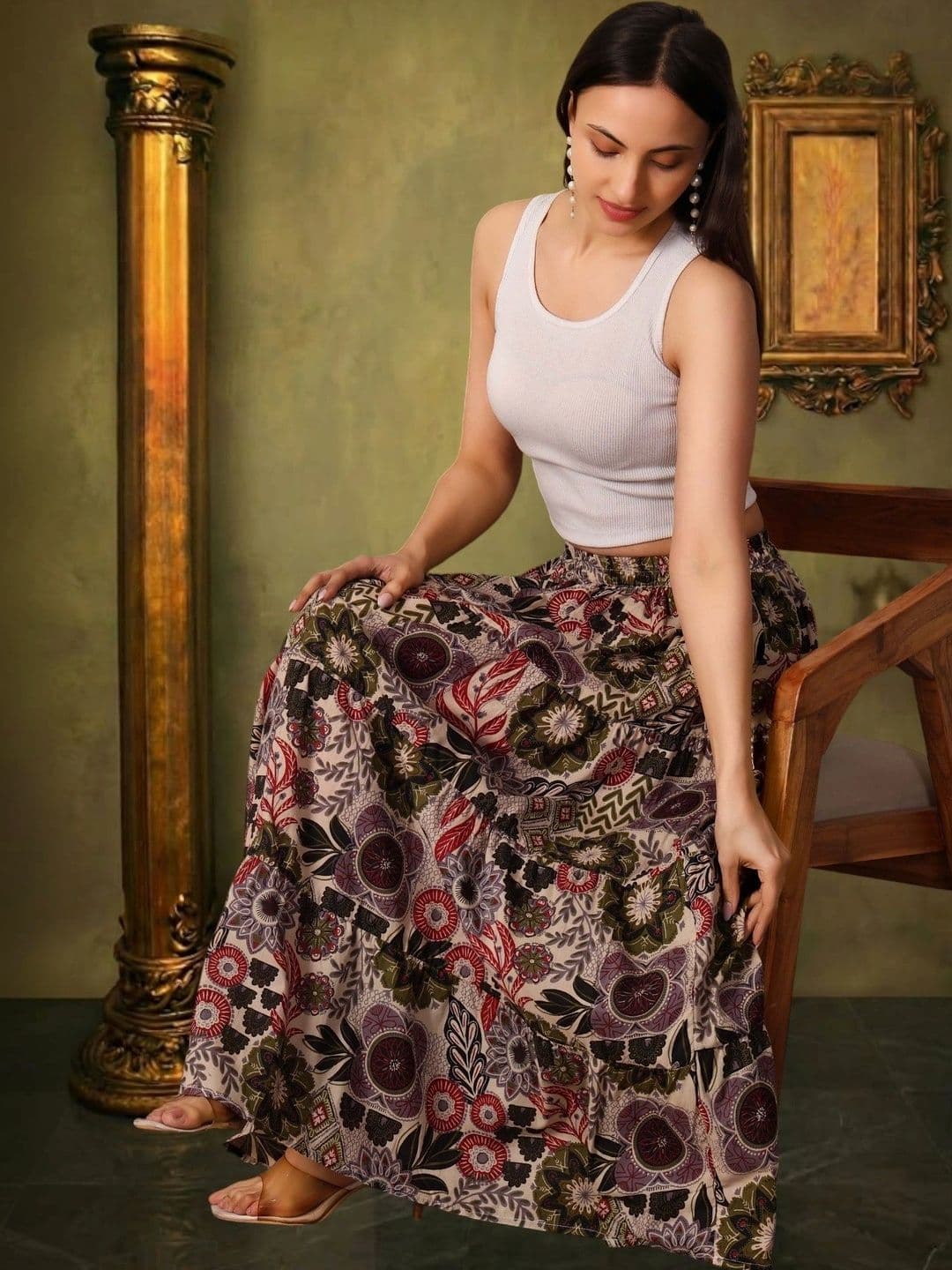 House of Sakhhi Women Pure Cotton Blend Floral Maxi Tiered Skirt thumbnail 5