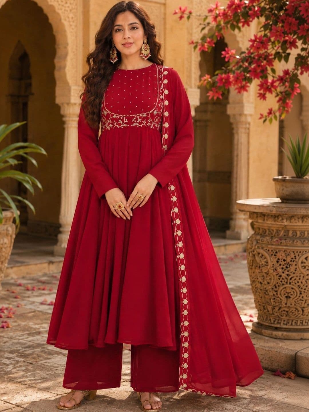 PREMNAD Women Ethnic Motifs Embroidered Empire Kurta with Palazzos & With Dupatta - view 1