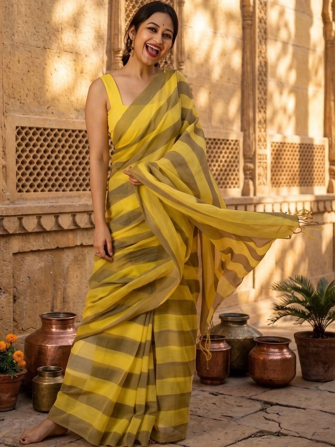 Bhagirath Fashion Striped Zari Linen Blend Saree thumbnail 4