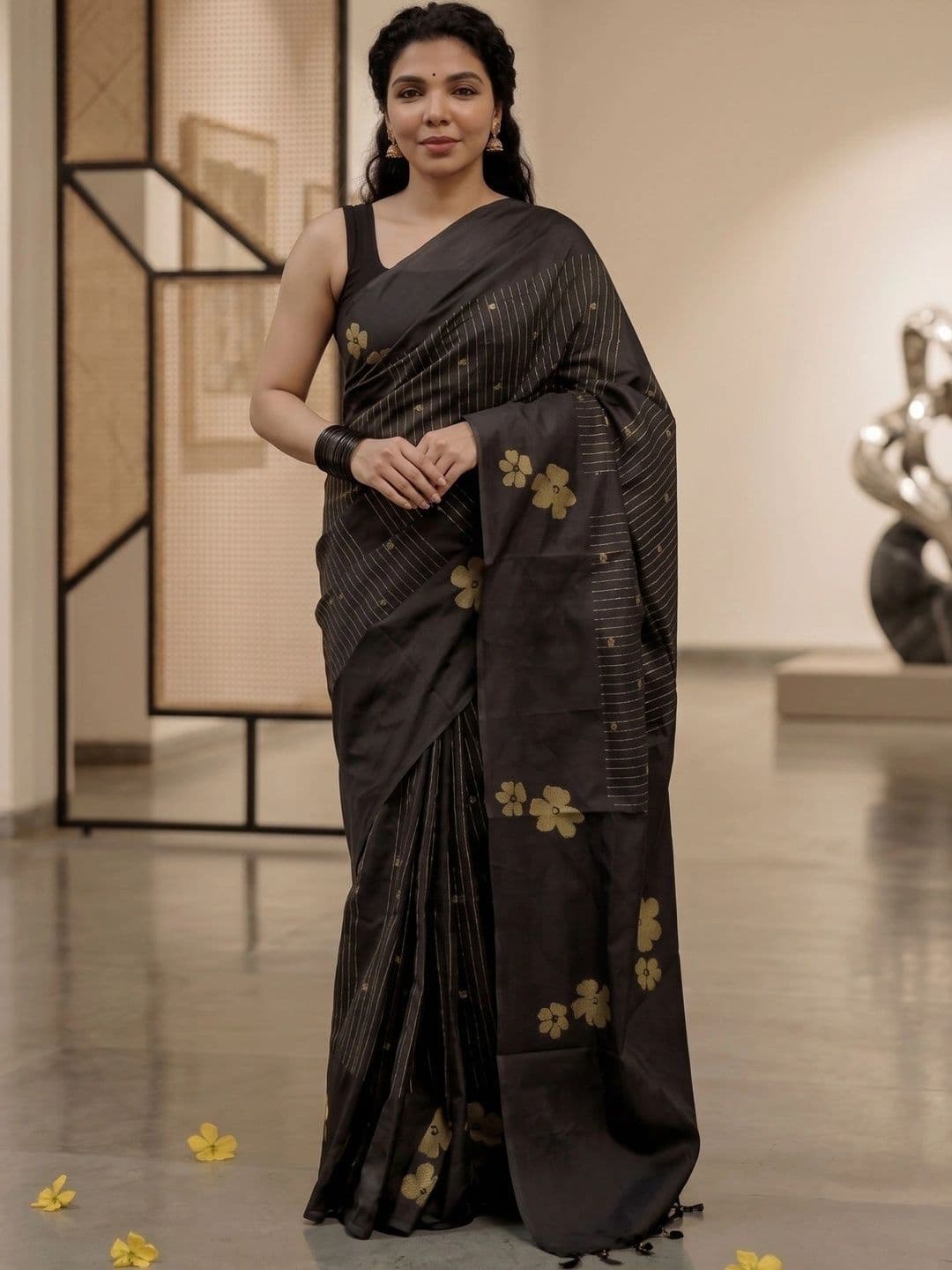 AJ FASHION PLUS Floral Zari Linen Blend Saree - view 1