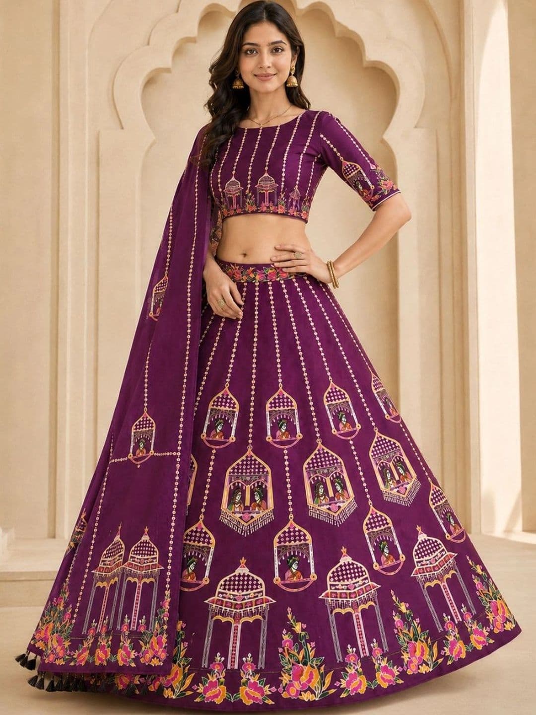 KAHIRAA WHOLETEX Printed Semi-Stitched Lehenga & Unstitched Blouse With Dupatta thumbnail 2