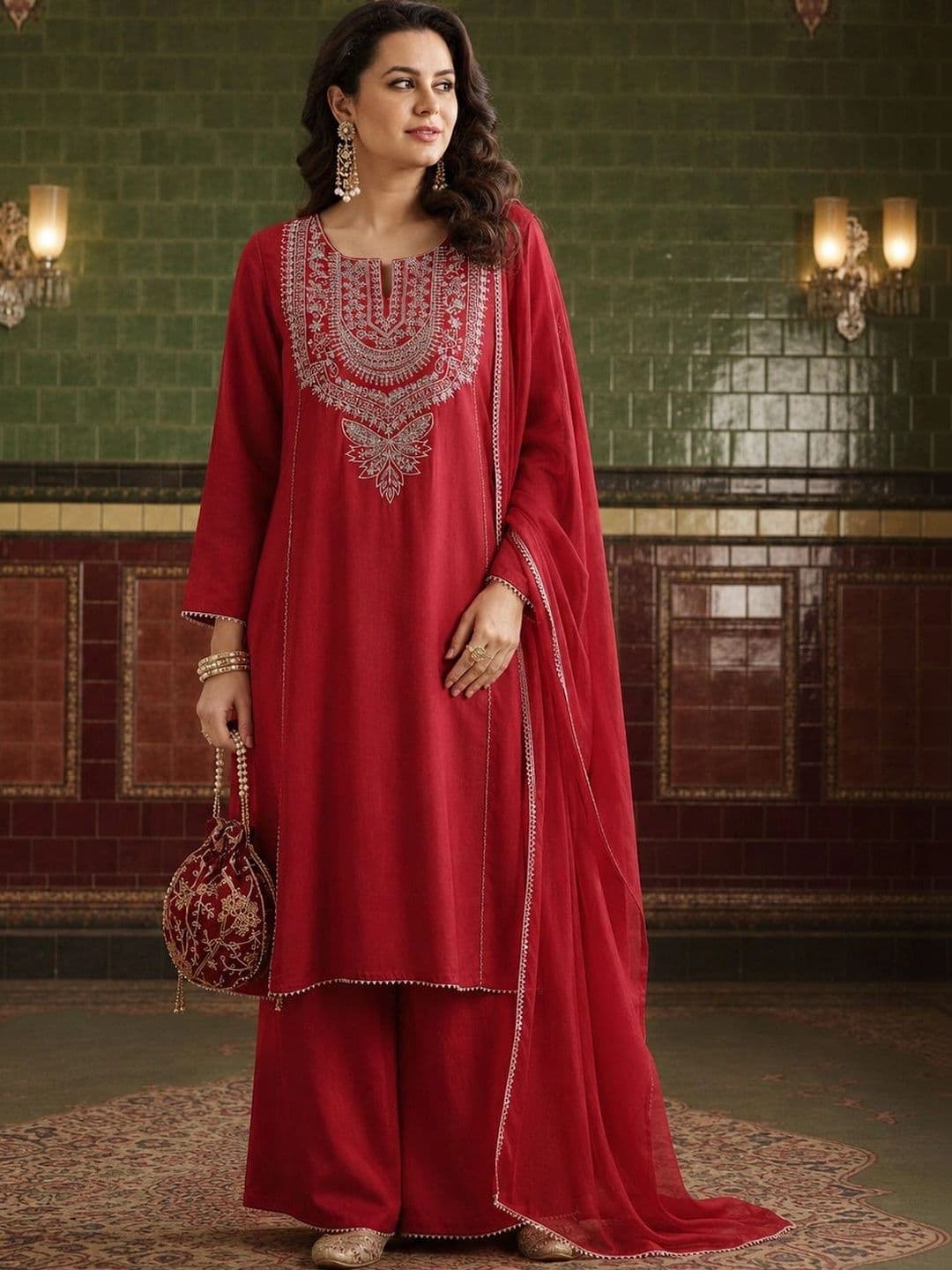 House of Pataudi Women Ethnic Motifs Embroidered Regular Thread Work Kurta with Palazzos & With Dupatta - view 1