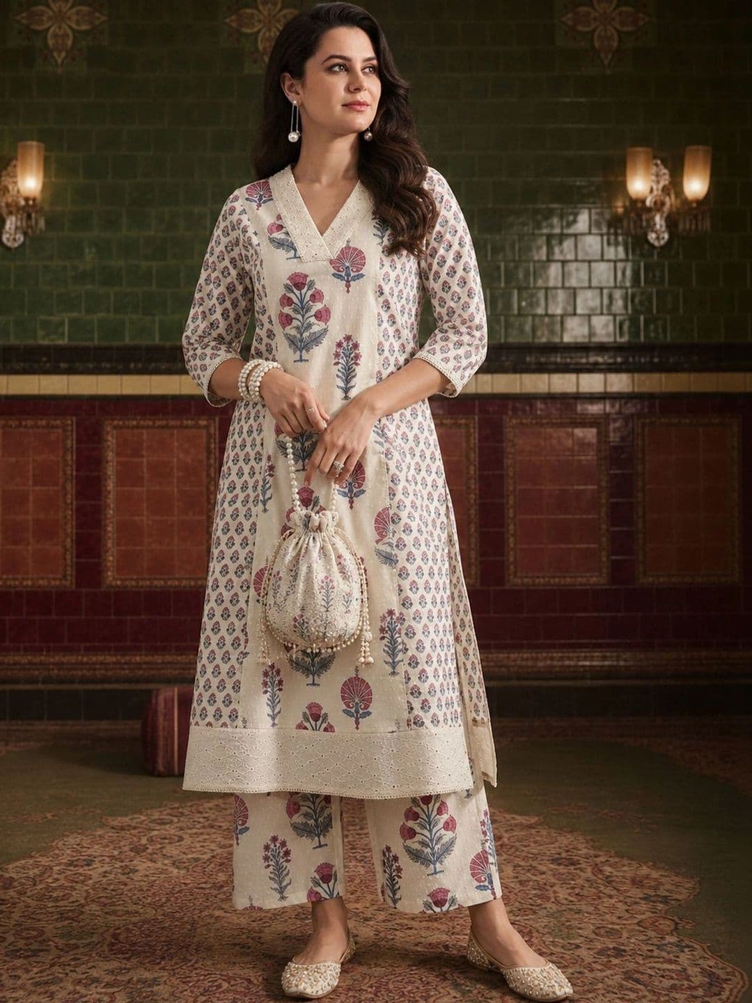 House of Pataudi Women Ethnic Motifs Printed Regular Pure Cotton Kurta with Palazzos - view 1