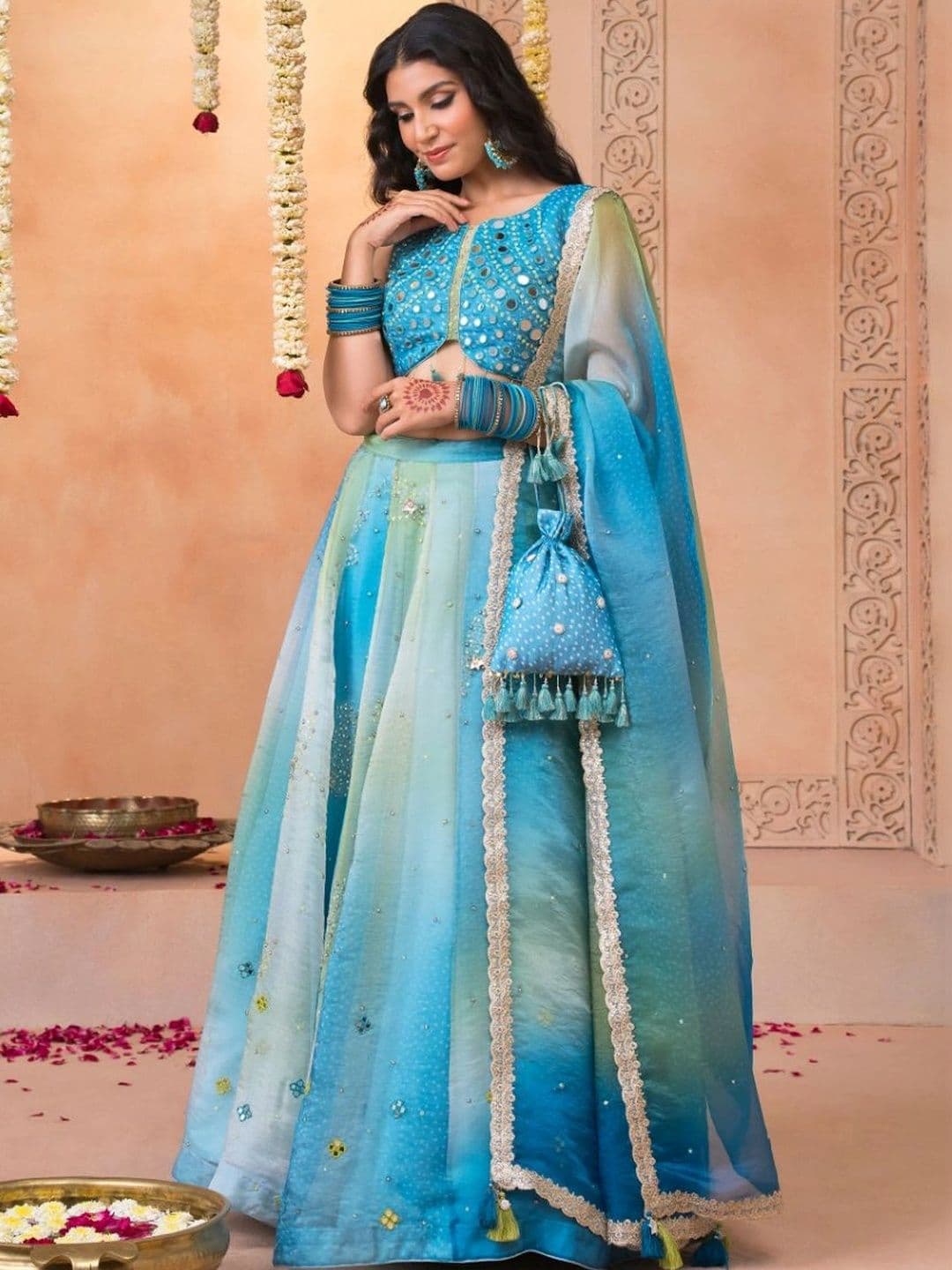 JIVANIS Embellished Mirror Work Ready to Wear Lehenga & Blouse With Dupatta - view 1