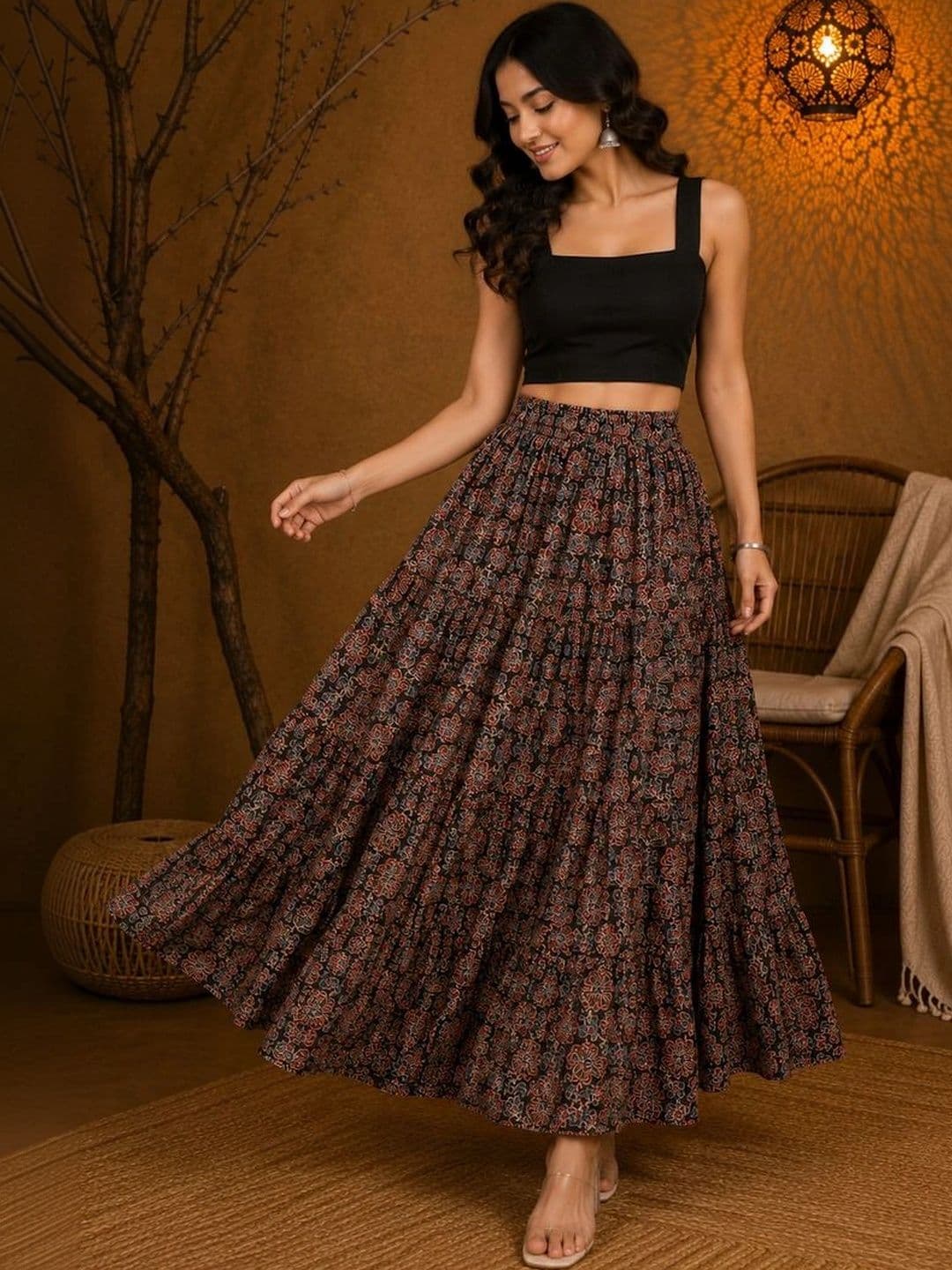 House of Sakhhi Women Pure Cotton Blend Floral Maxi Tiered Skirt thumbnail 3