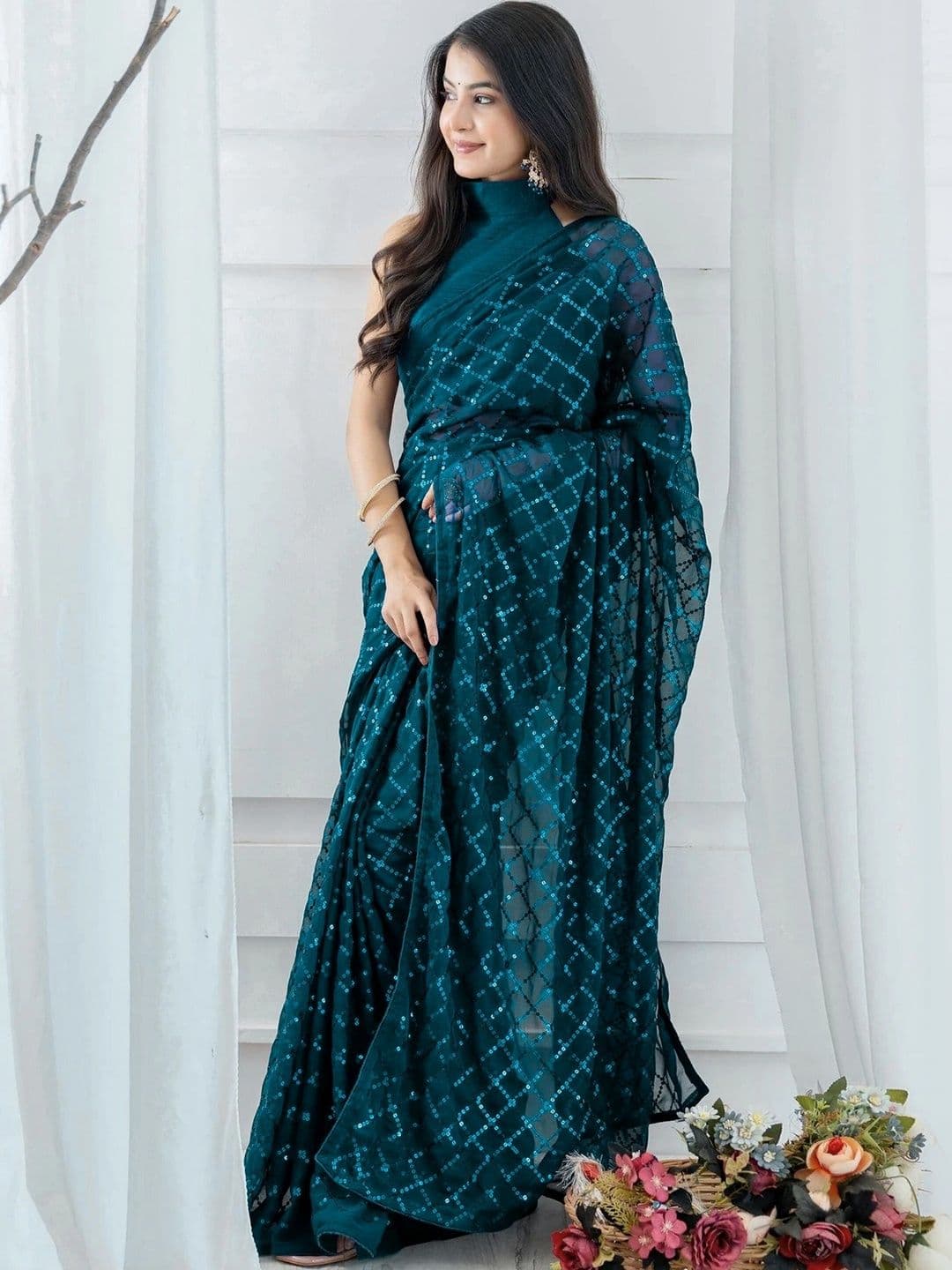 Mitera Embellished Sequinned Poly Georgette Designer Saree thumbnail 4