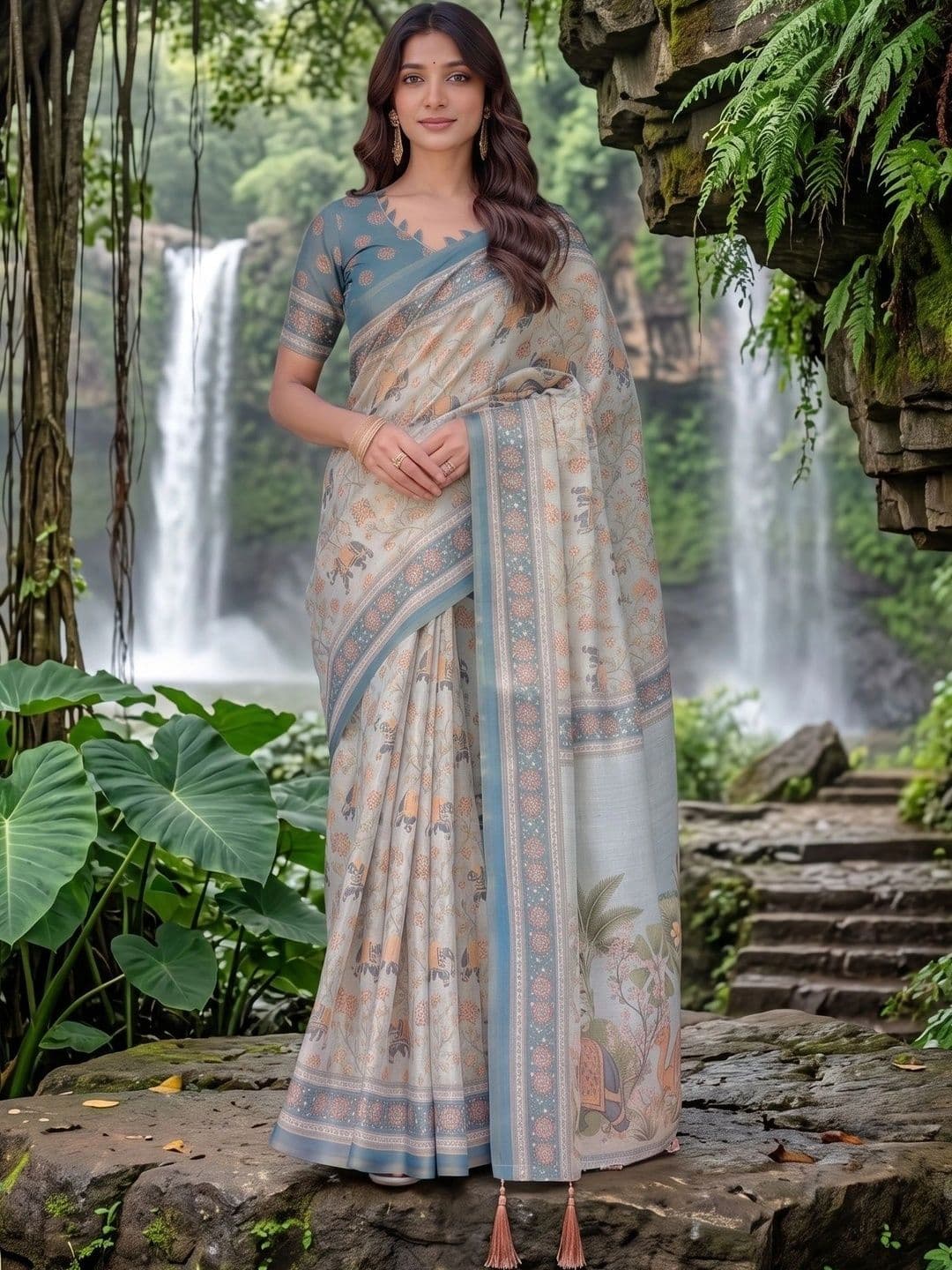 AmiFashion Woven Design Zari Linen Blend Saree - view 1