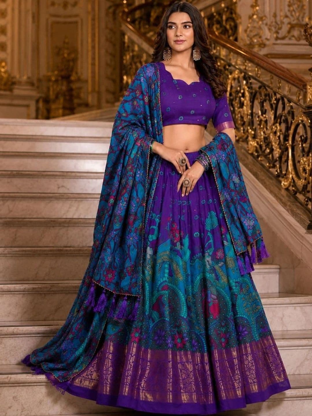 House of Pataudi Embellished Semi-Stitched Lehenga & Unstitched Blouse Tassels thumbnail 2