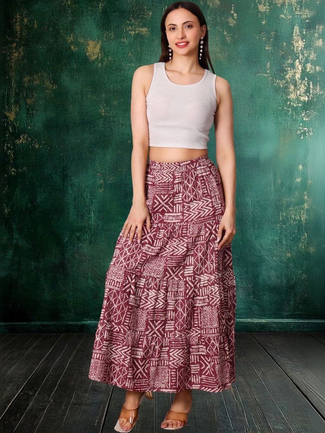 House of Sakhhi Women Pure Cotton Blend Abstract Maxi Tiered Skirt thumbnail 7