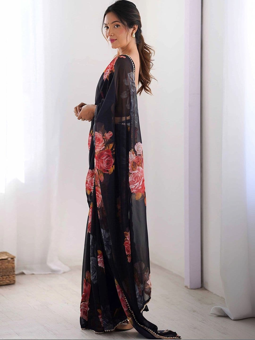 KALINI Floral Beads and Stones Pure Georgette Saree thumbnail 5