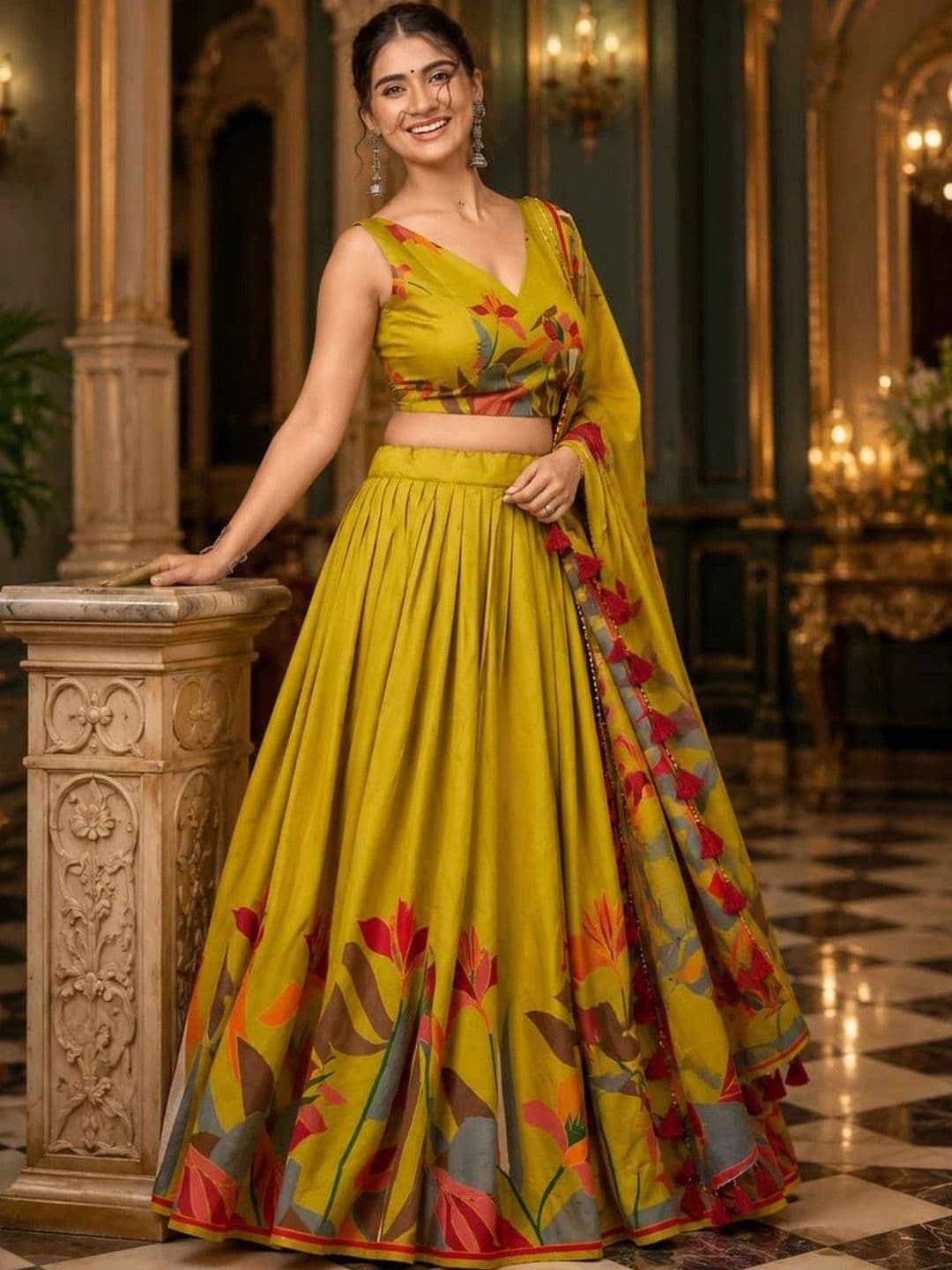 House of Pataudi Printed Semi-Stitched Lehenga & Unstitched Blouse Taping - view 1