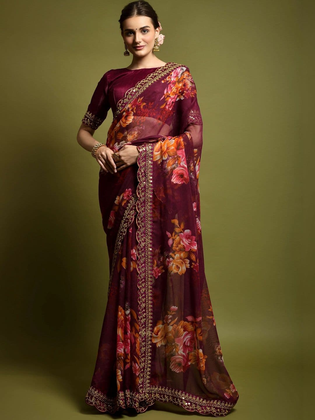 KALINI Floral Embroidered Pure Chiffon Saree - view 1