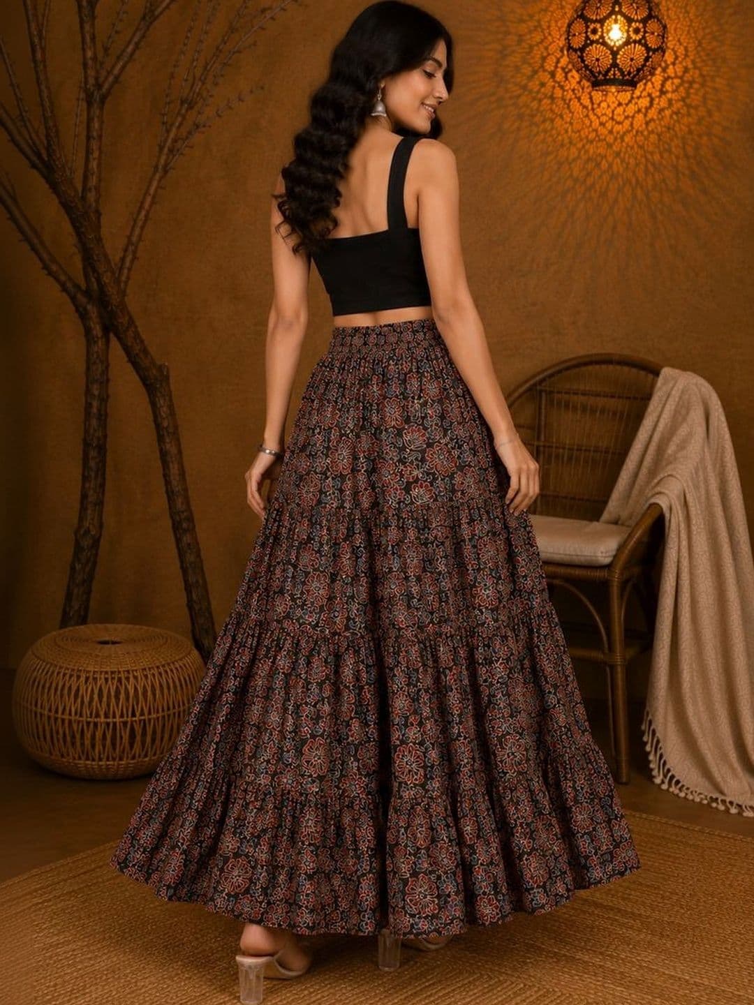 House of Sakhhi Women Pure Cotton Blend Floral Maxi Flared Skirt thumbnail 3