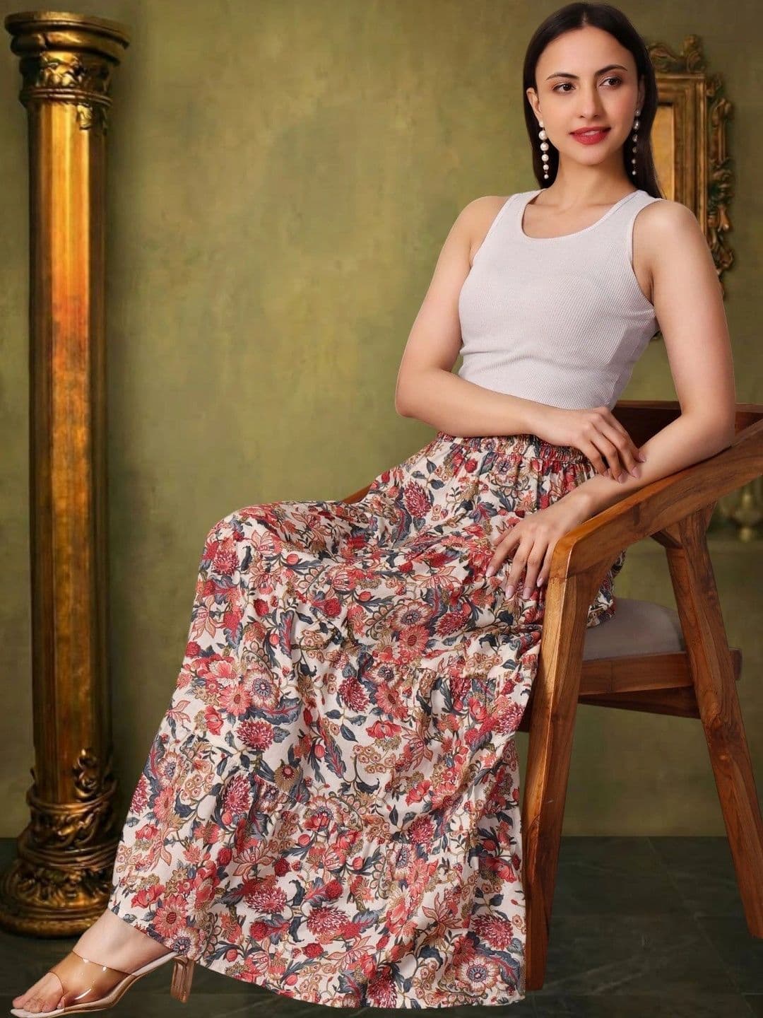 House of Sakhhi Women Pure Cotton Blend Floral Maxi Tiered Skirt thumbnail 5
