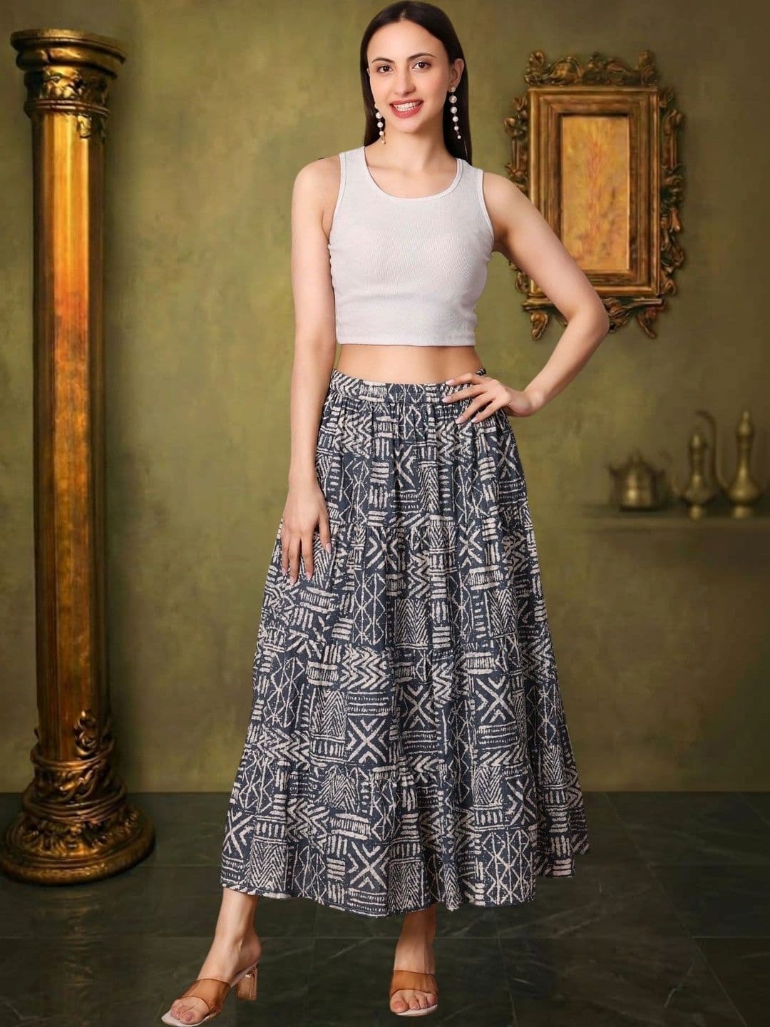 House of Sakhhi Women Pure Cotton Blend Geometric Tribal or Aztec Print Maxi Flared Skirt thumbnail 3