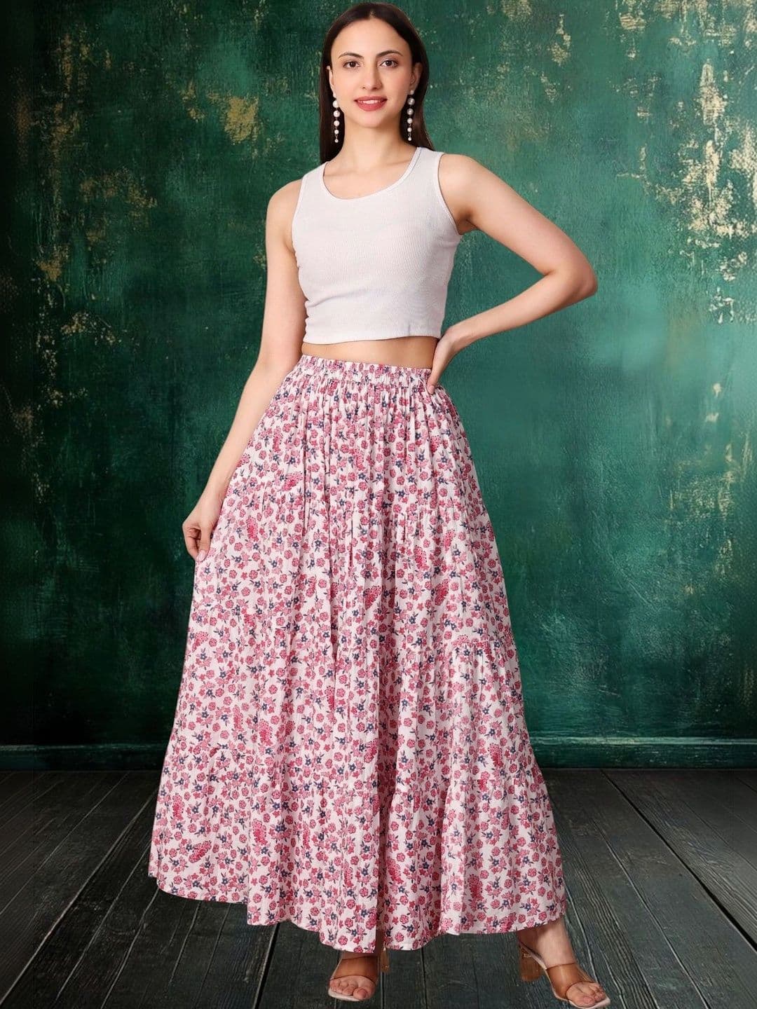 House of Sakhhi Women Pure Cotton Blend Floral Maxi Flared Skirt thumbnail 2