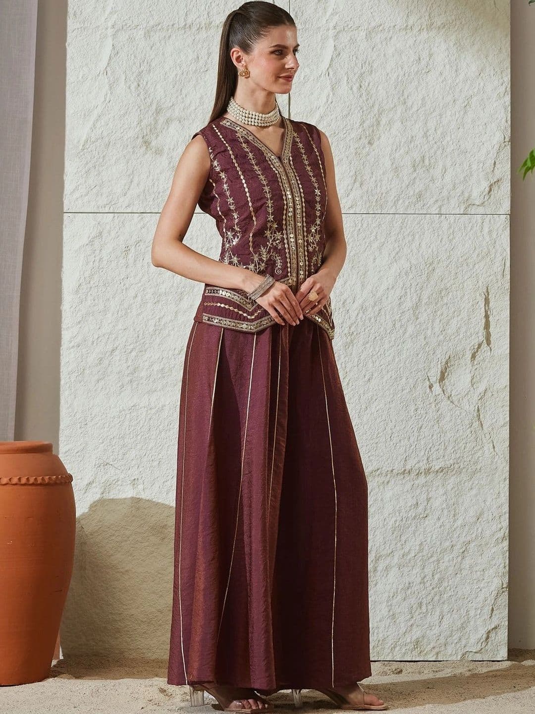 MOKOSH Women Ethnic Motifs Embroidered Empire Pure Silk Kurta with Palazzos thumbnail 6