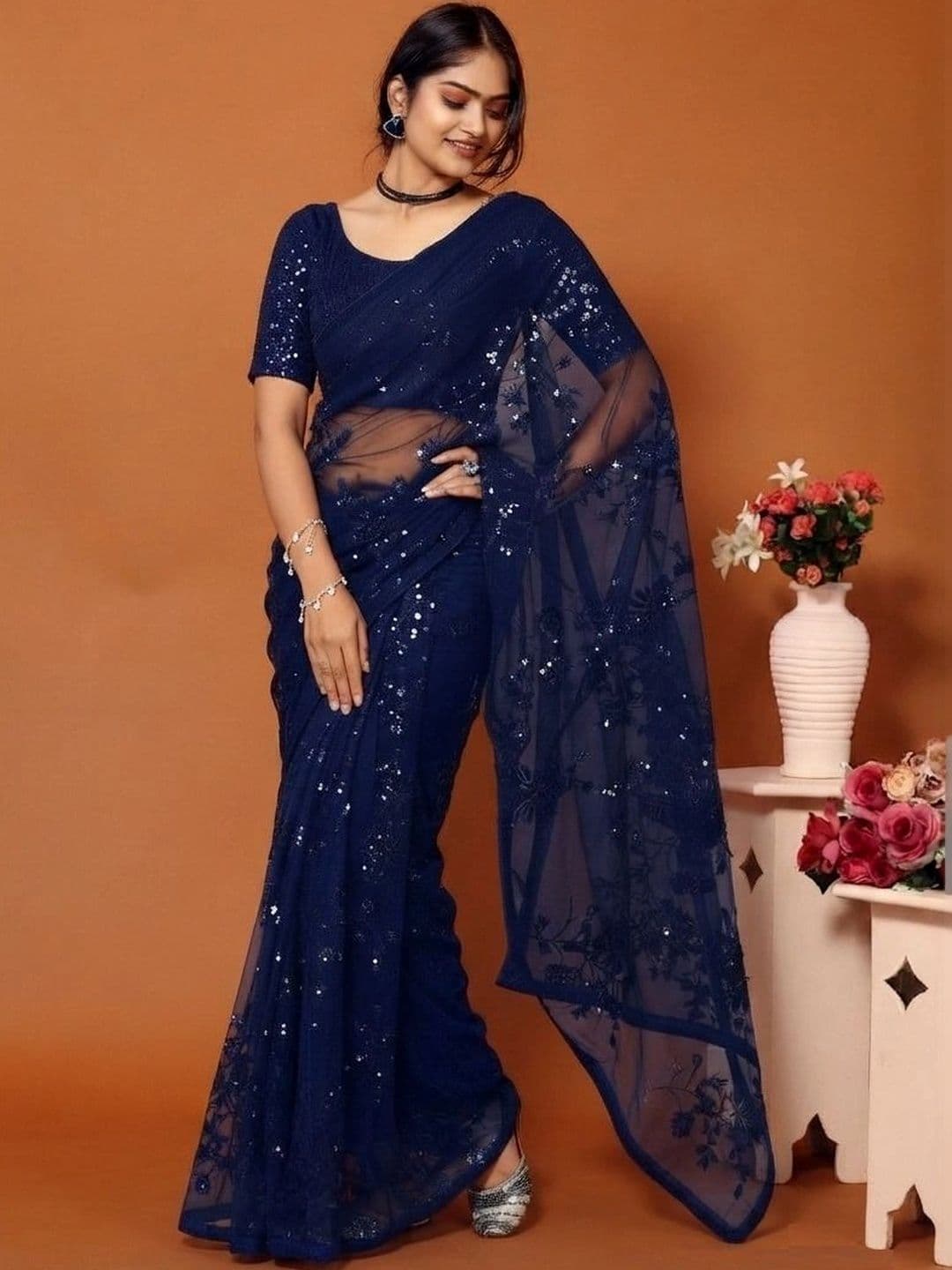 Mitera Embellished Sequinned Poly Georgette Designer Saree - view 1