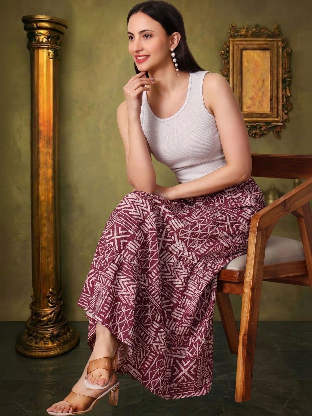 House of Sakhhi Women Pure Cotton Blend Geometric Maxi Tiered Skirt thumbnail 4