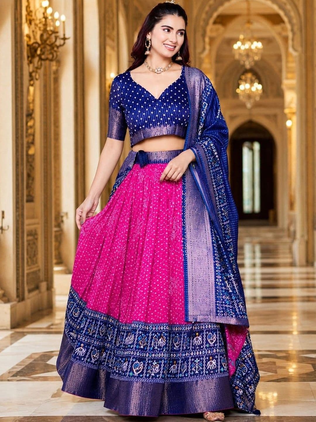 House of Pataudi Ikat Semi-Stitched Lehenga & Unstitched Blouse Taping thumbnail 4