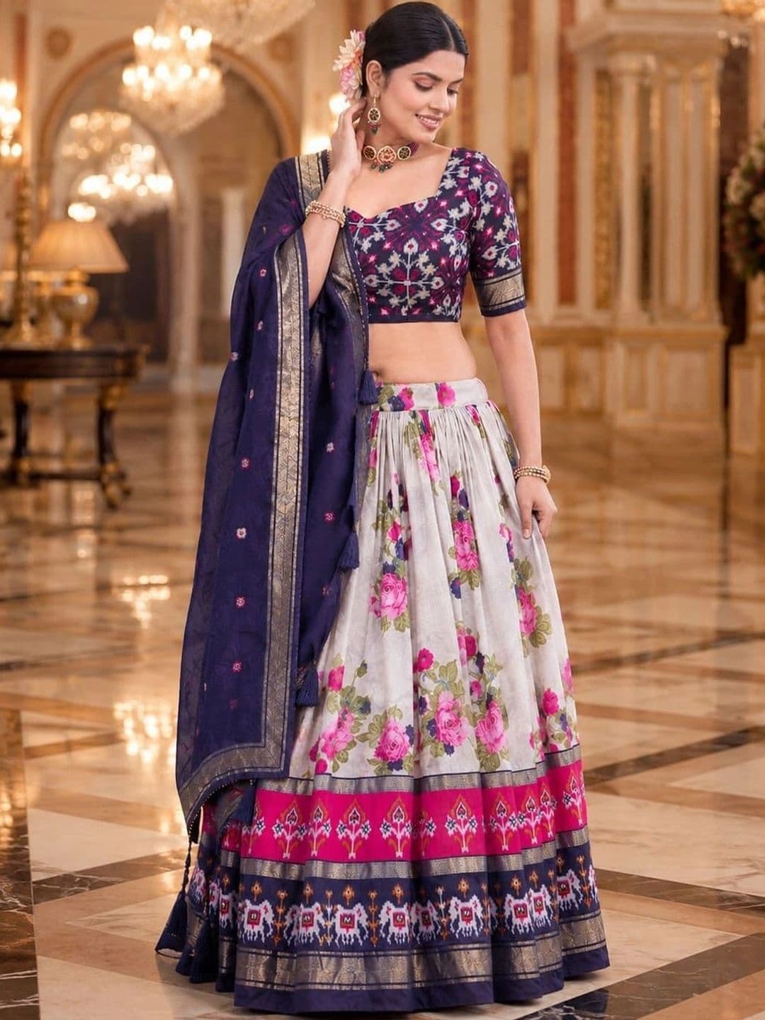 House of Pataudi Printed Semi-Stitched Lehenga & Unstitched Blouse Taping thumbnail 2