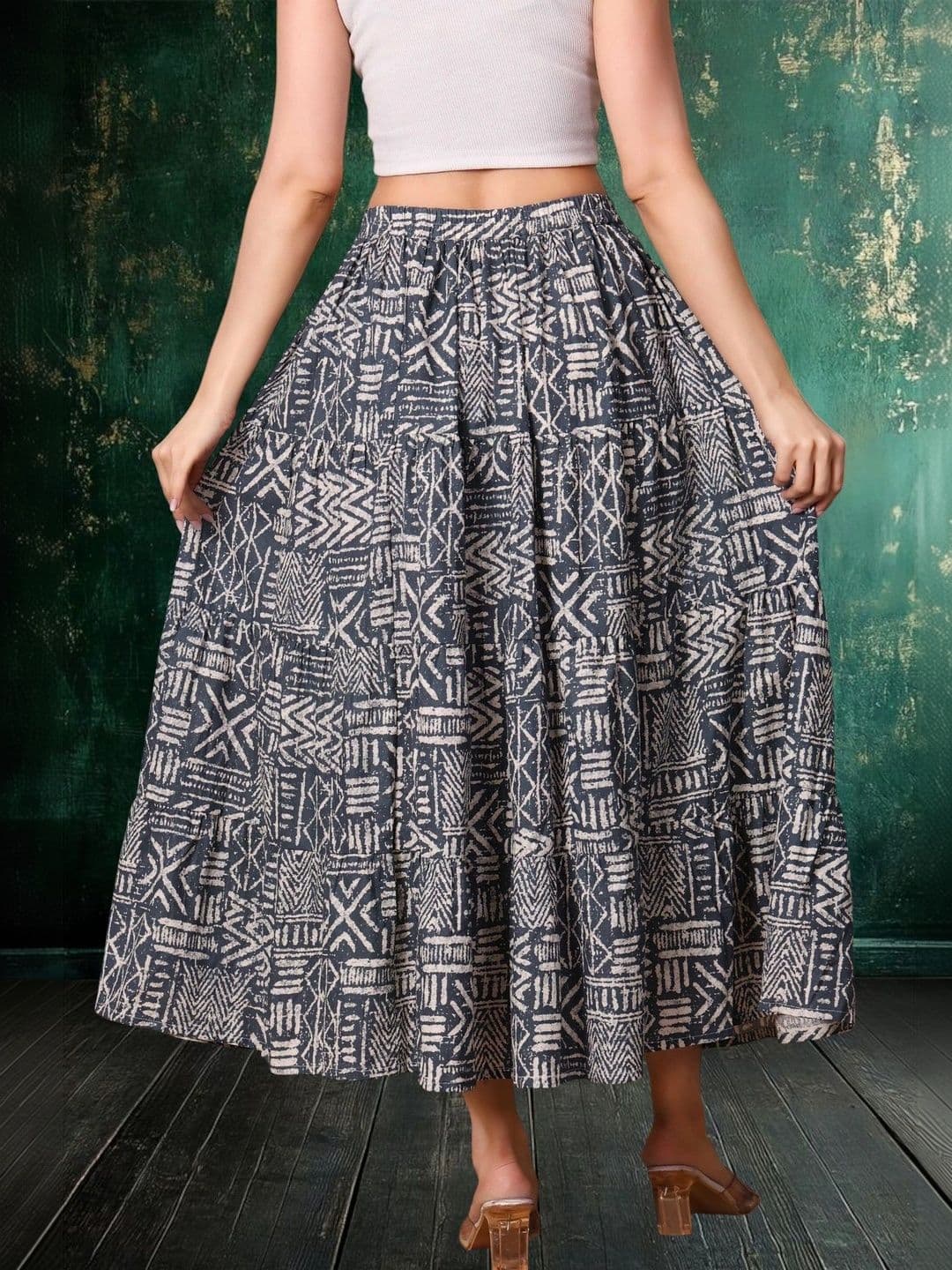 House of Sakhhi Women Pure Cotton Blend Geometric Bohemian Maxi Tiered Skirt thumbnail 7